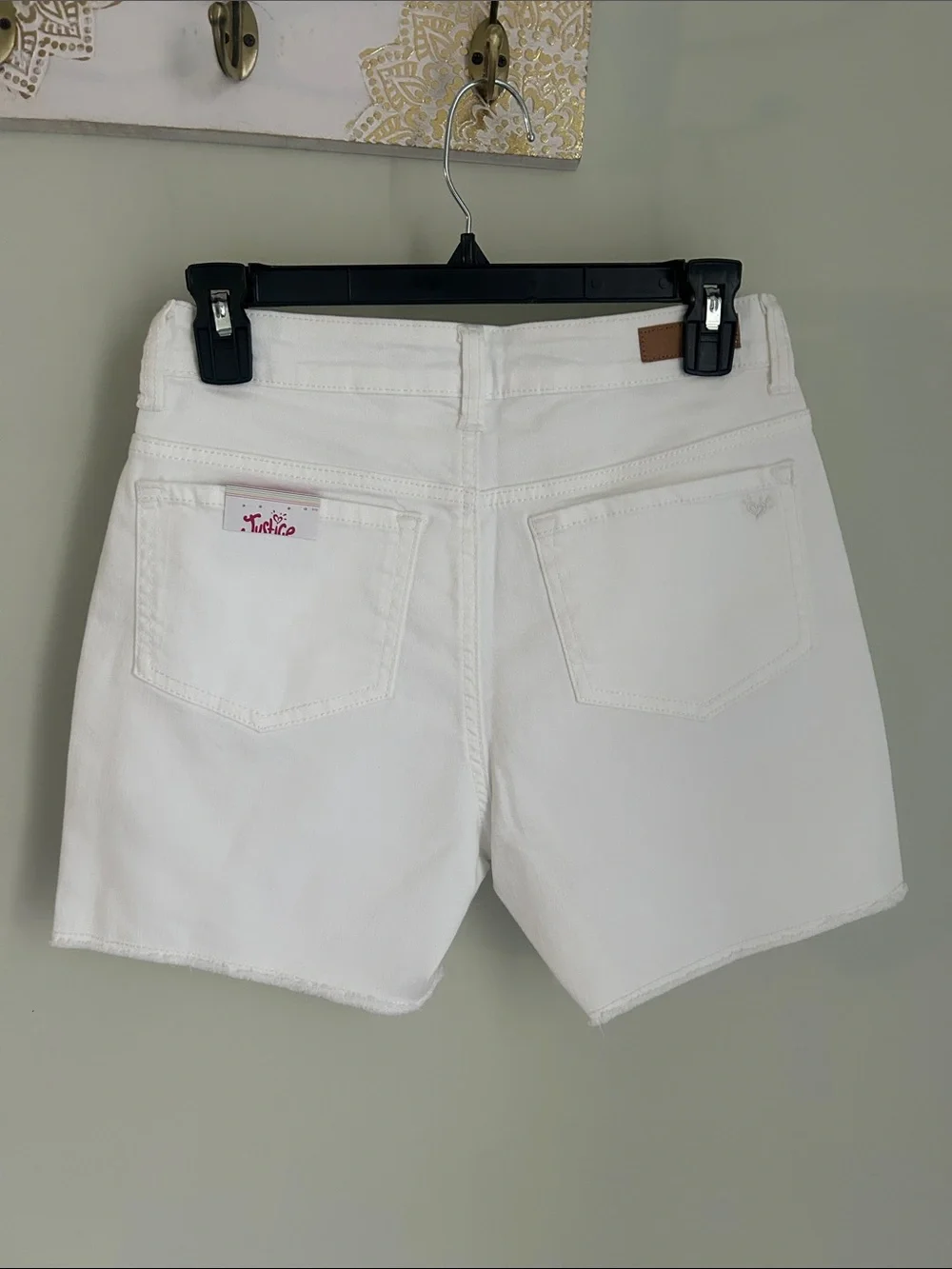 Justice White Denim Shorts with Colorful Patch Accents